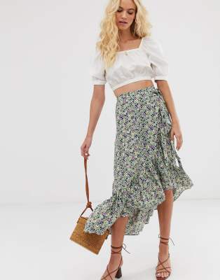 Other Stories ruffled midi wrap skirt in green floral print