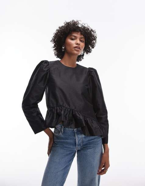 & Other Stories - Satijnen blouse met asymmetrische zoom met ruches in zwart - view 1