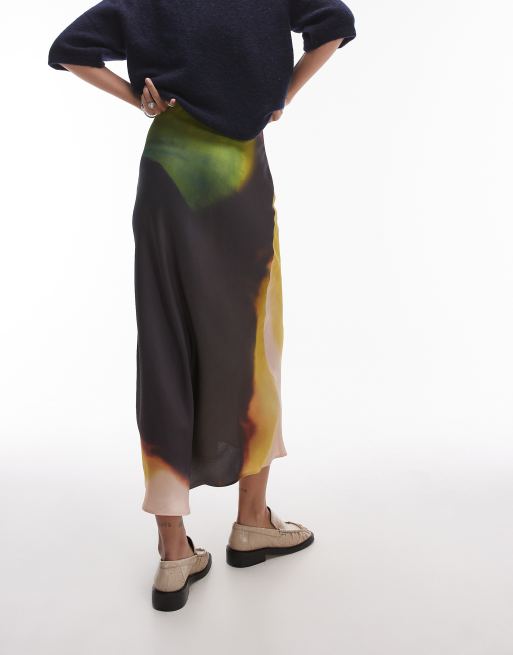 & Other Stories - Satijnen maxi rok met hoge taille en aquarel-effect print in beige, 4 van 5