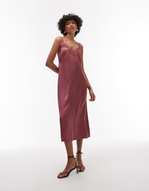 & Other Stories - Satijnen midaxi slipdress met kanten zoom in granaatappelrood