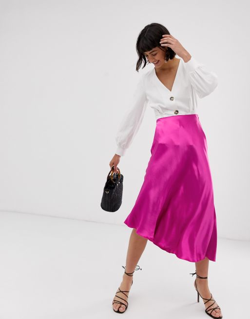 & Other Stories satin asymmetric hem midi skirt in fuchsia