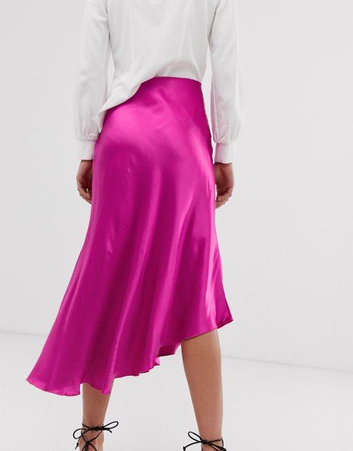 & Other Stories satin asymmetric hem midi skirt in fuchsia | ASOS