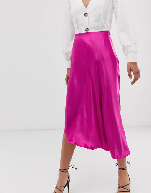 & Other Stories satin asymmetric hem midi skirt in fuchsia