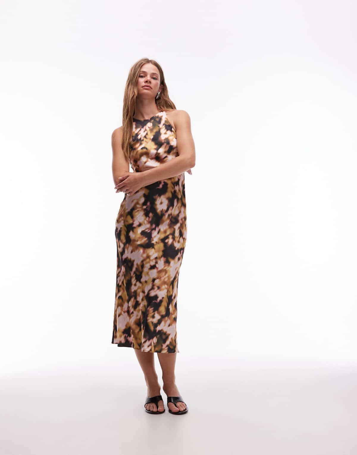 & Other Stories satin bias cut midi dress in blurred floral print