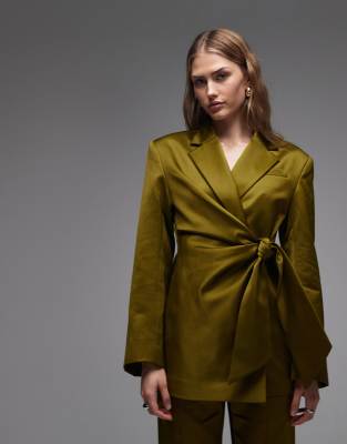 & Other Stories Satin Blazer With Tie Waist Detail In Green