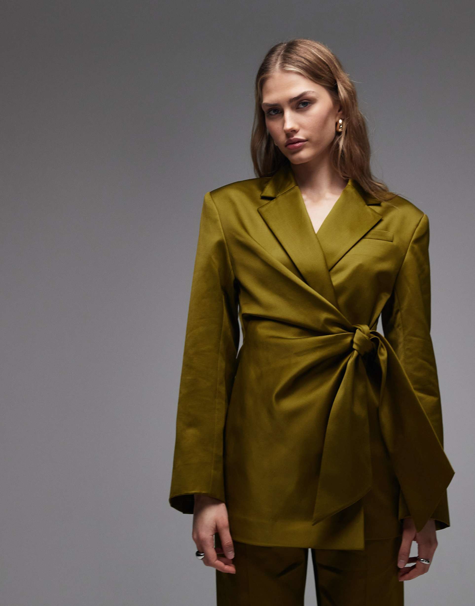 & other stories satin blazer with tie waist detail in olive - part of a set