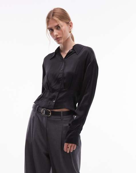 & Other Stories satin blouse with cinch waist in black