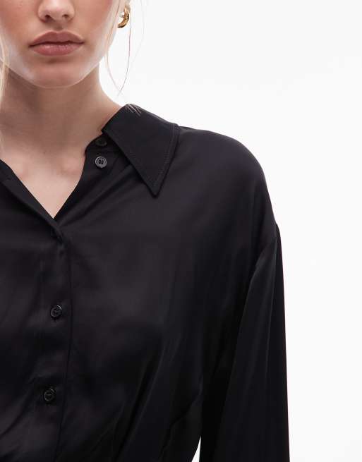 & Other Stories satin blouse with cinch waist in black, 3 of 4