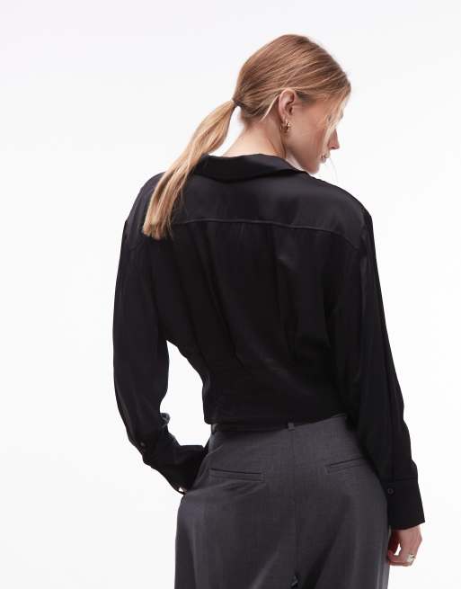 & Other Stories satin blouse with cinch waist in black, 4 of 4