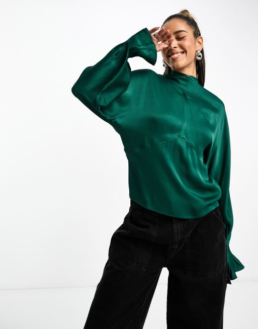  Other Stories satin blouse with tie back neck and fluted sleeve in green