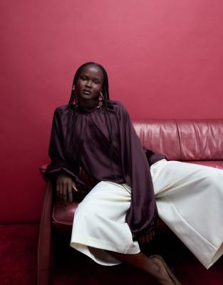 & Other Stories Satin Cape Top With Volume Sleeves In Purple