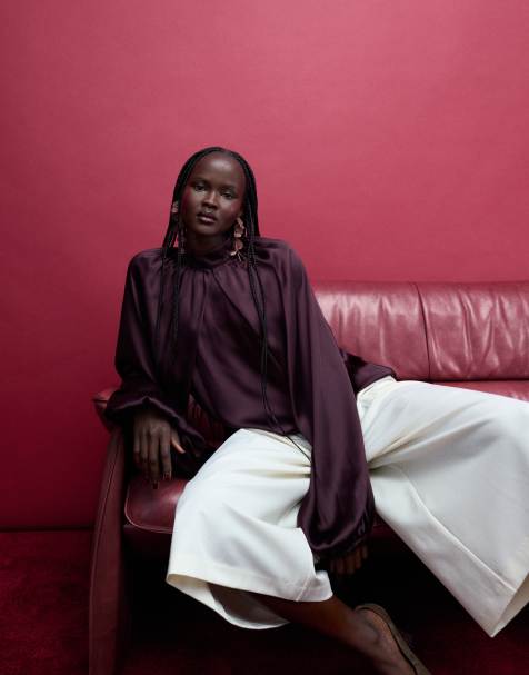 & Other Stories satin cape top with volume sleeves in wine - view 1