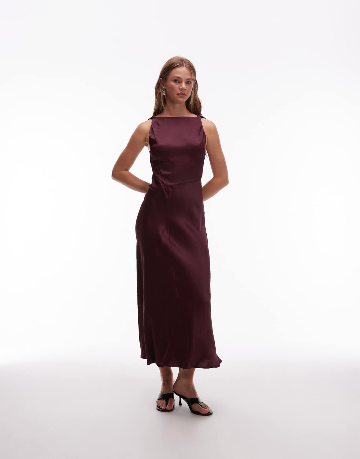 & Other Stories satin crepe  midi dress with drape neck in burgundy wine