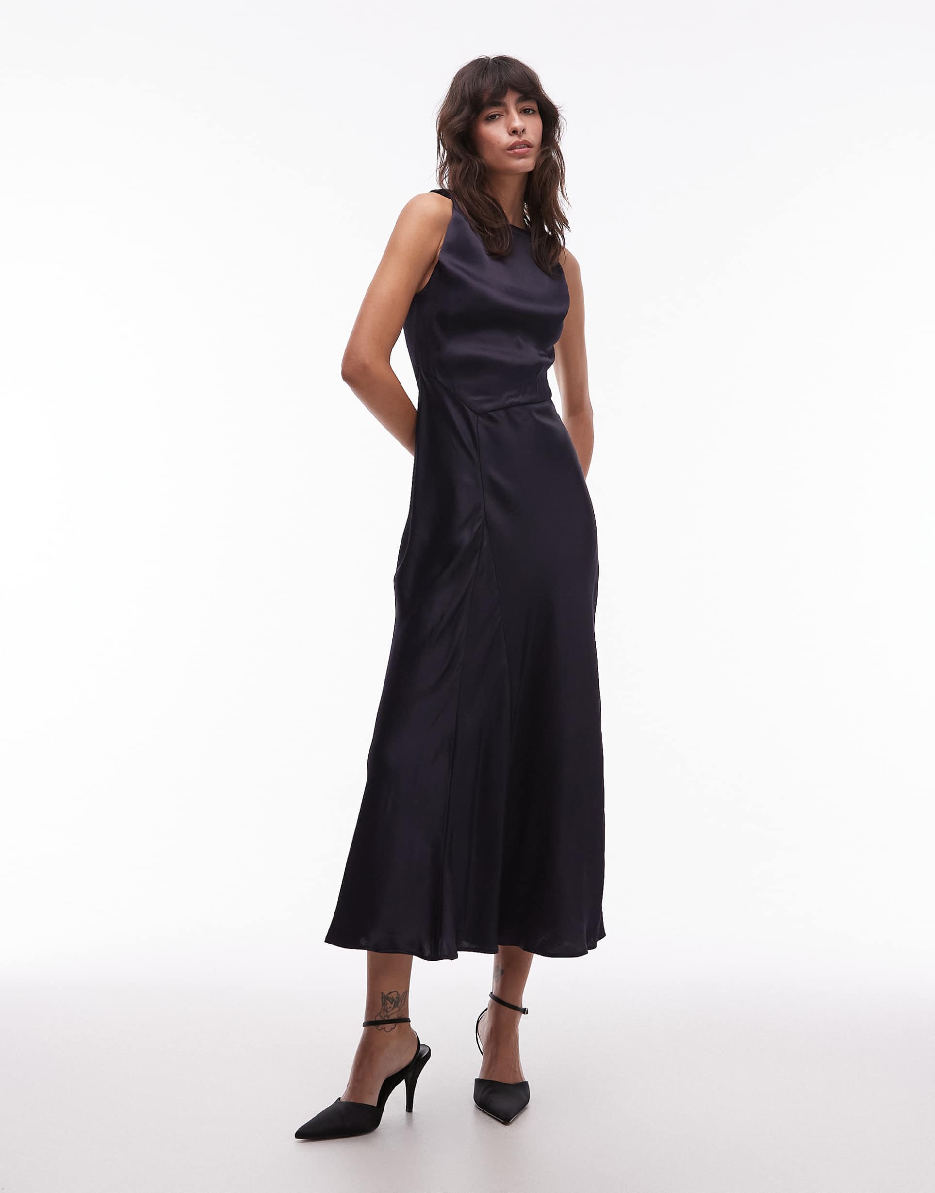 & other stories satin crepe midi dress with drape neck in navy