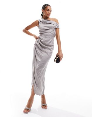Other Stories &  Satin Drape Midaxi Dress With Side Split And Off Shoulder Cowl In Gray