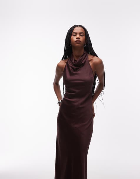 & Other Stories satin halter neck maxi dress in chcolate brown - view 1