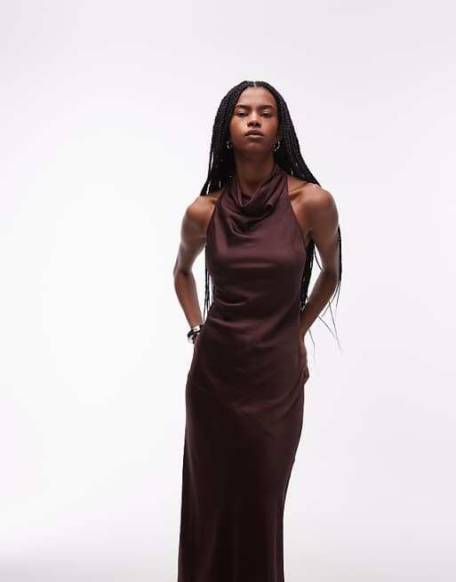 brown halter neck dress La Lune Maxi | Espresso | Dresses this maxi dress skims the silhouette beautifully with a luminous finish that catches the light from every angle Stunning Halter Neck Brown Satin