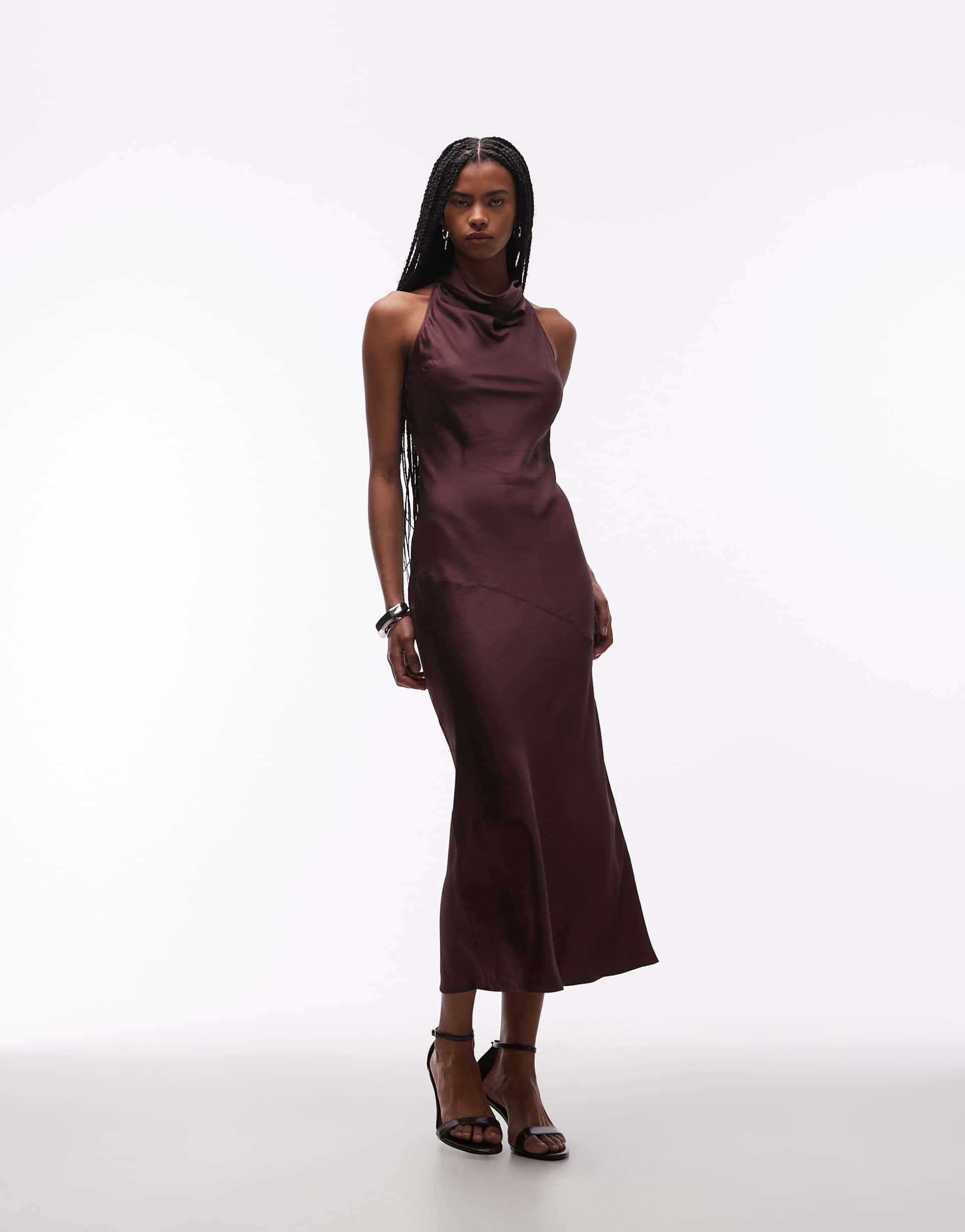 & other stories satin halter neck maxi dress in chcolate brown