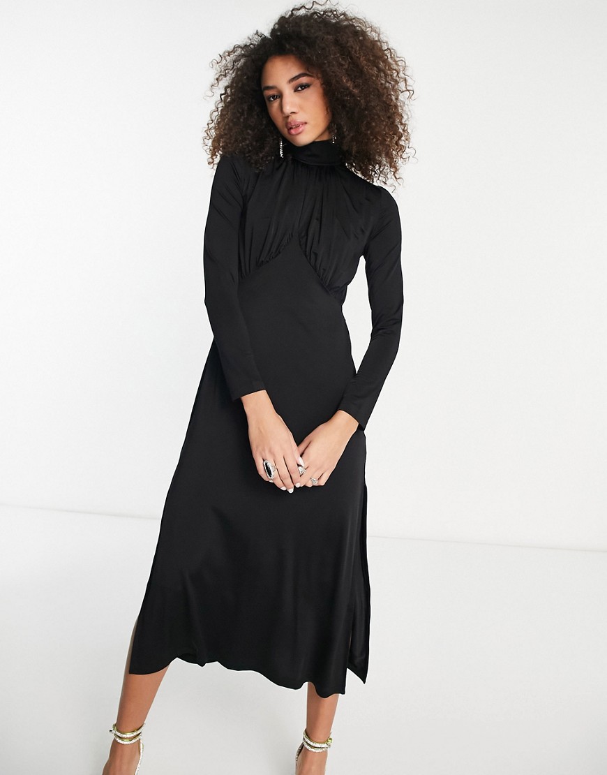 & Other Stories satin high midaxi dress with drape chest detail in black