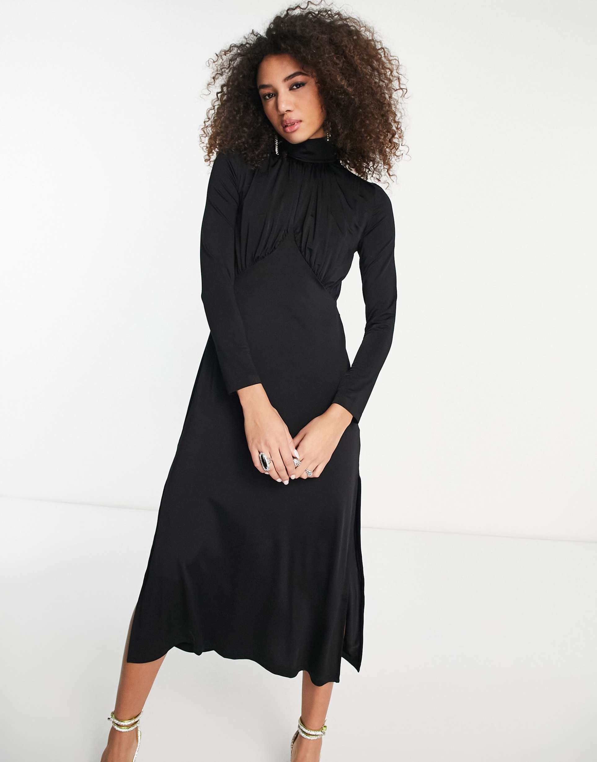 & other stories satin high midaxi dress with drape chest detail in black