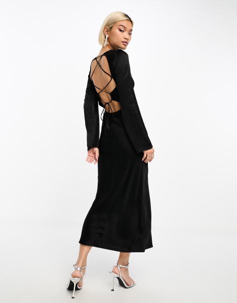 ASOS DESIGN long sleeve mesh corset midi dress in black