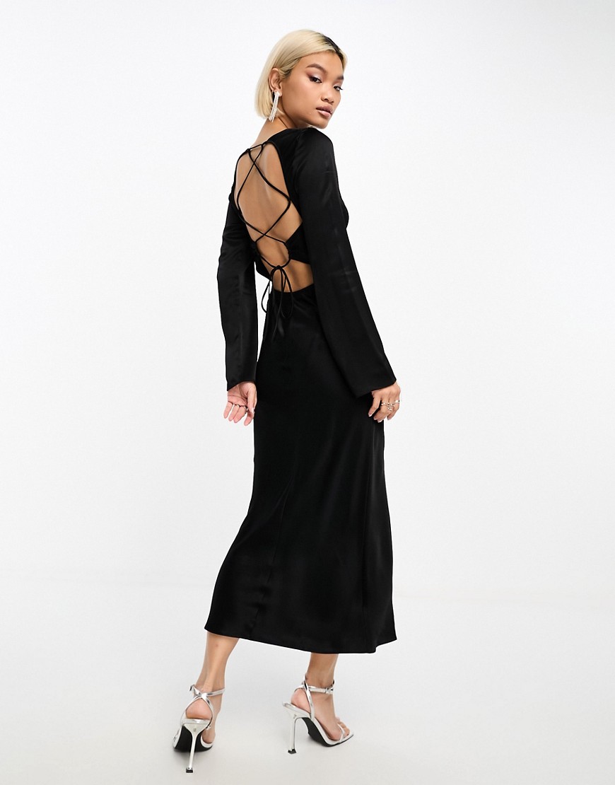 Other Stories &  Satin Lace-up Open Back Midi Dress In Black