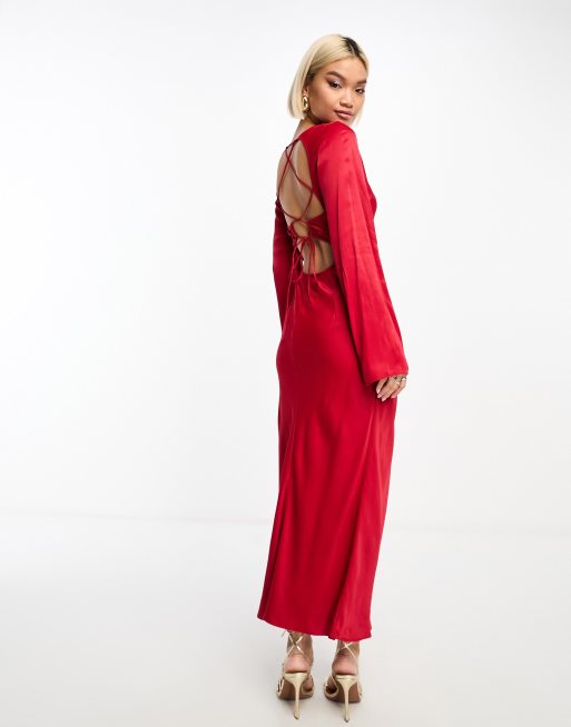 Other Stories satin lace up open back midi dress in red ASOS