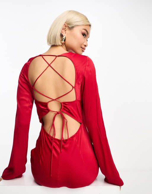 Other Stories satin lace-up open back midi dress in red ASOS