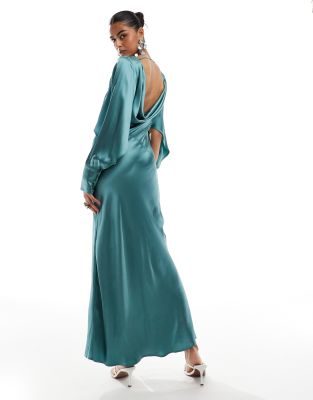 & Other Stories satin long sleeve maxi dress with drape back in green