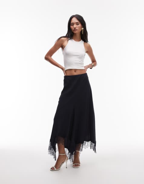 & Other Stories satin maxi skirt with asymmetric lace trim hem in blue - view 1