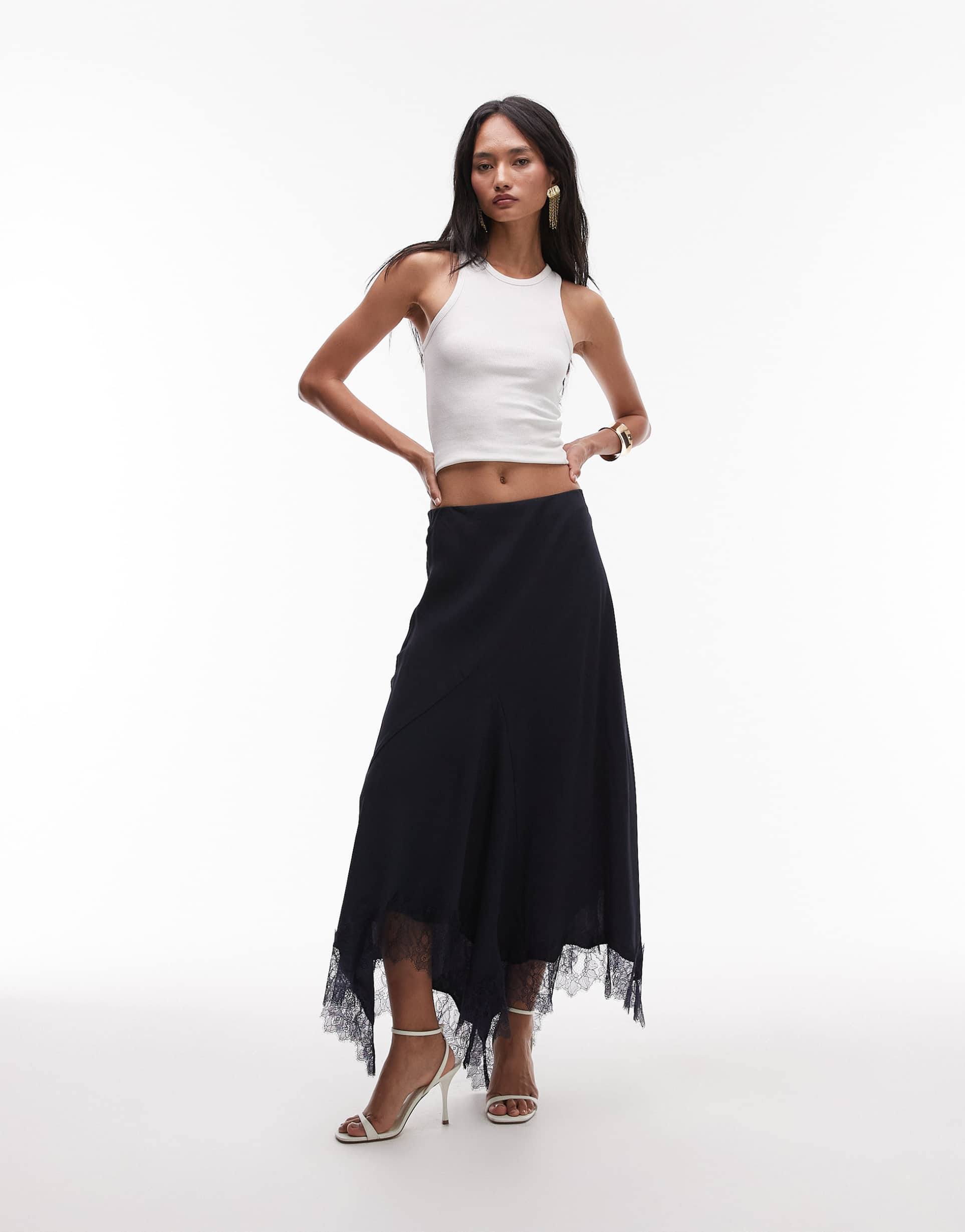 & other stories satin maxi skirt with asymmetric lace trim hem in blue