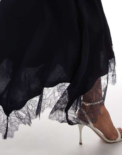 & Other Stories satin maxi skirt with asymmetric lace trim hem in blue