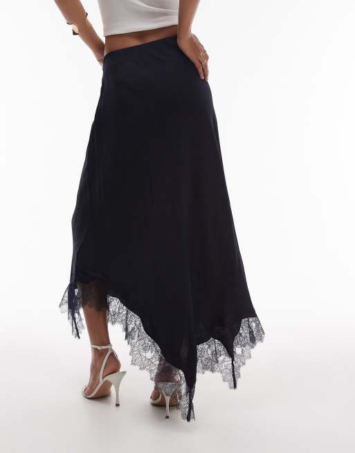 & Other Stories satin maxi skirt with asymmetric lace trim hem in blue