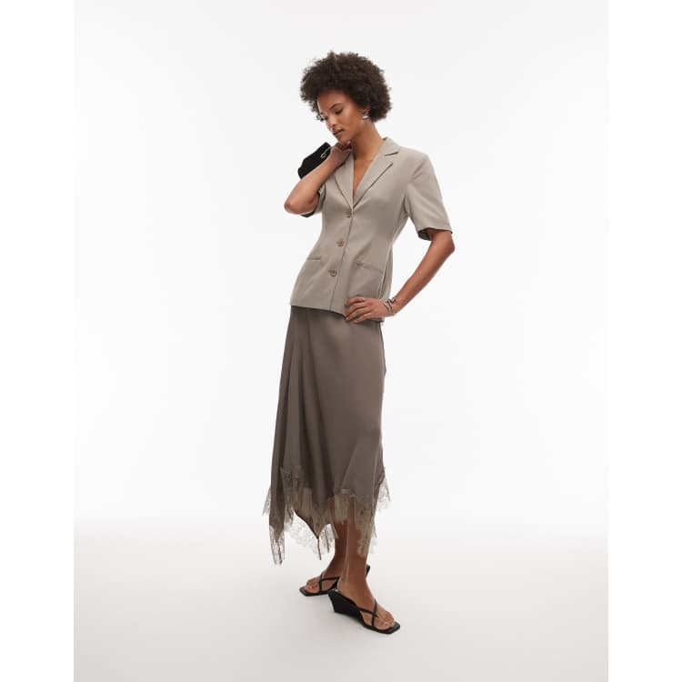 & Other Stories satin maxi skirt with asymmetric lace trim hem in