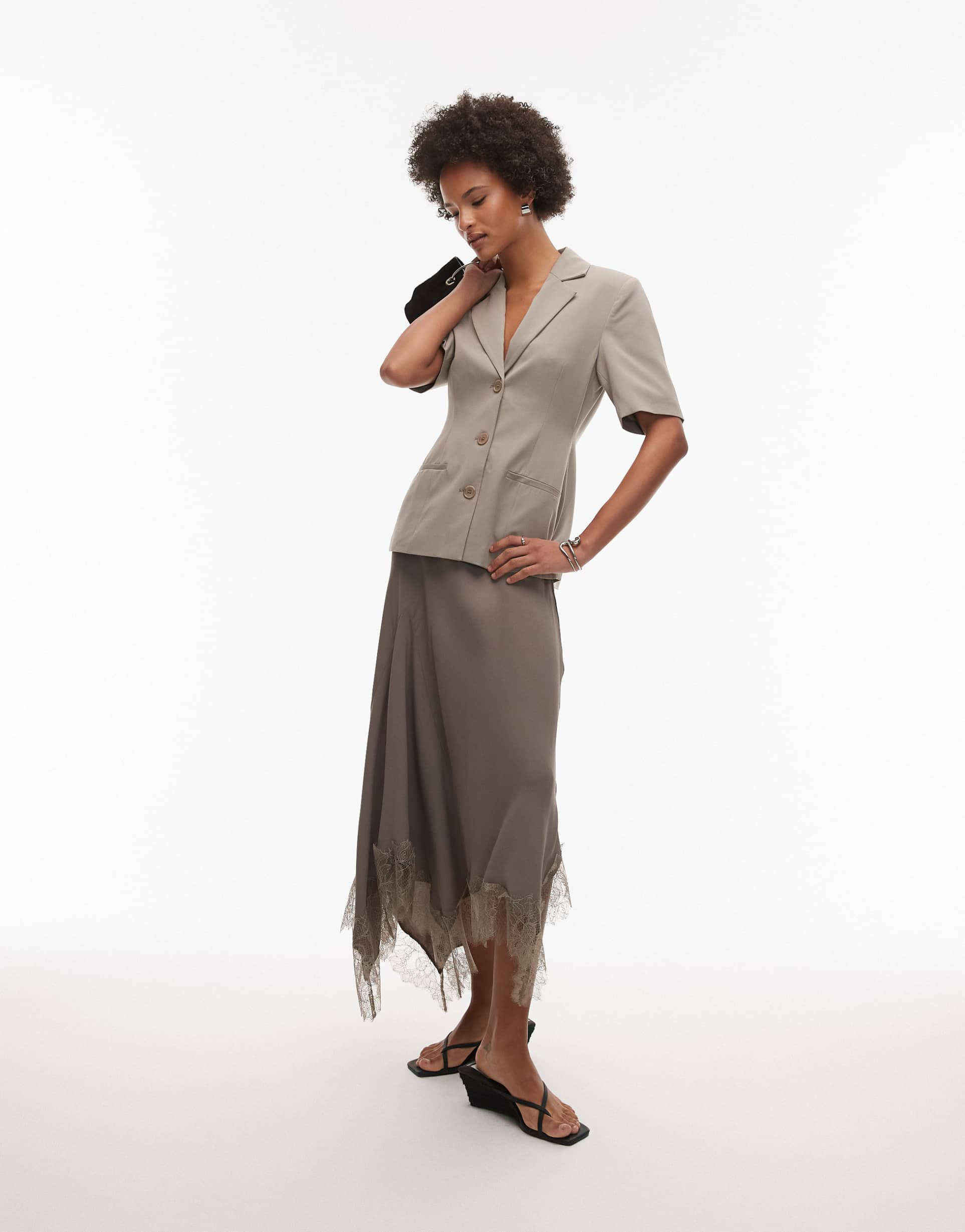 & other stories satin maxi skirt with asymmetric lace trim hem in light brown