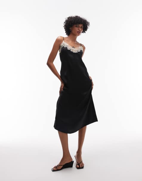 & Other Stories satin midaxi dress slip dress in black with contrast lace trim - view 1