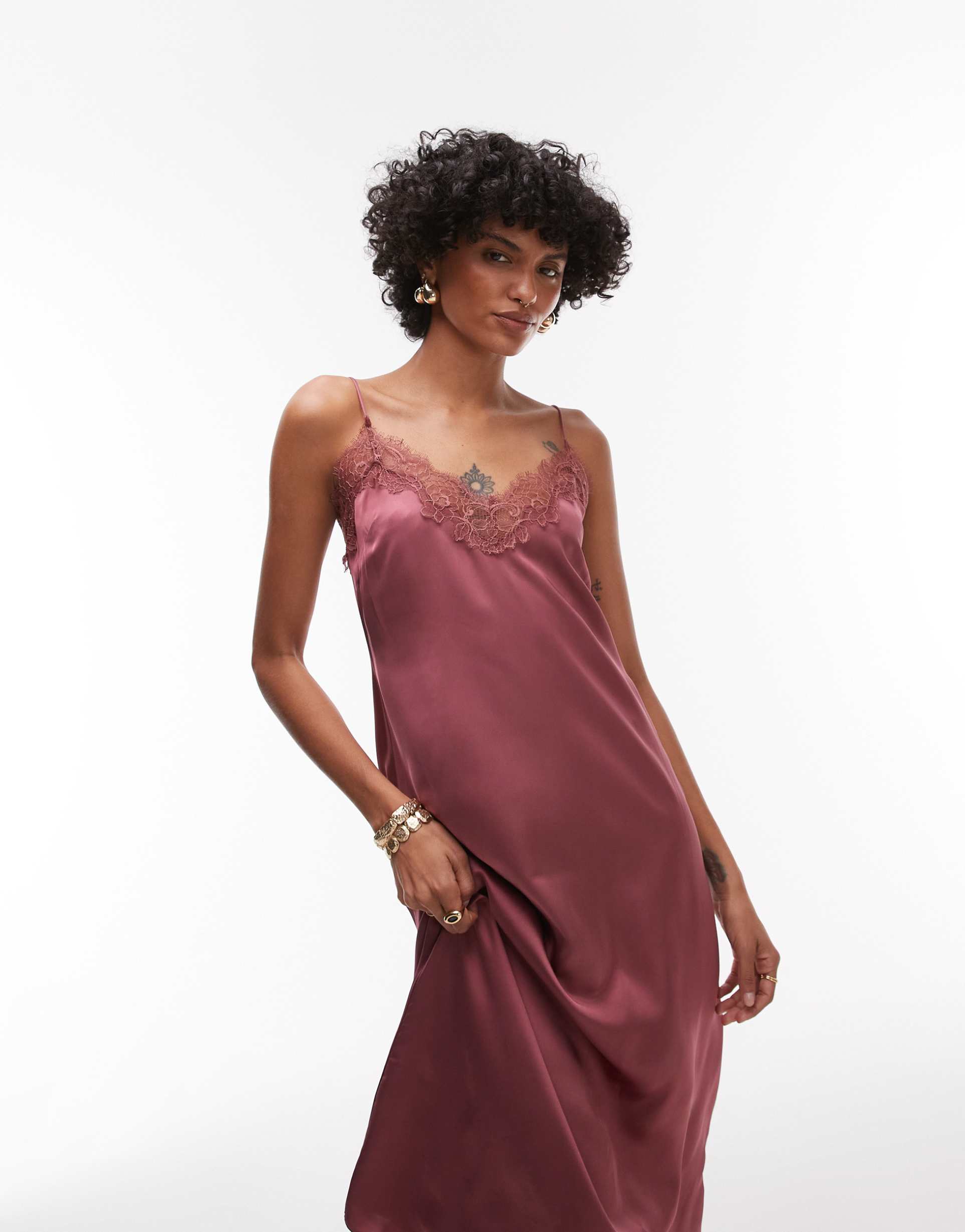 & other stories satin midaxi dress slip dress with contrast lace trim in pink burgundy