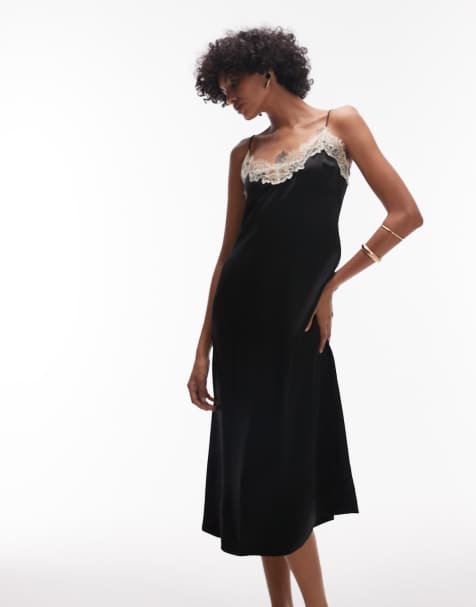& Other Stories satin midi dress slip dress in black with white contrast lace trim - view 1