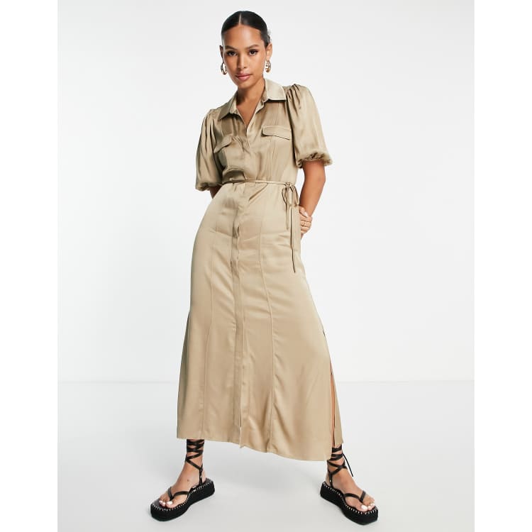 u0026 Other Stories satin midi dress with drawstring waist in beige | ASOS