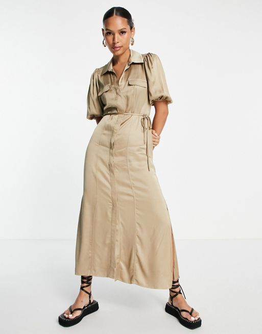 & Other Stories satin midi dress with drawstring waist in beige | ASOS