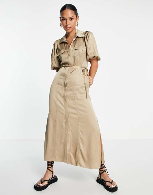 Other Stories satin midi dress with drawstring waist in beige