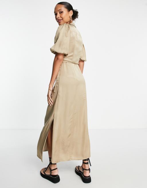 Other Stories satin midi dress with drawstring waist in beige