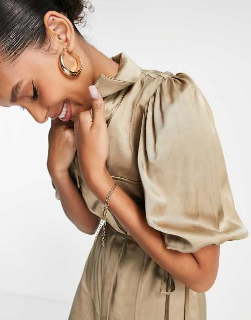 & Other Stories satin midi dress with drawstring waist in beige, 3 of 4
