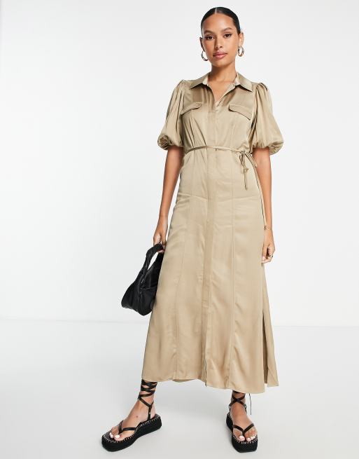 & Other Stories satin midi dress with drawstring waist in beige, 4 of 4