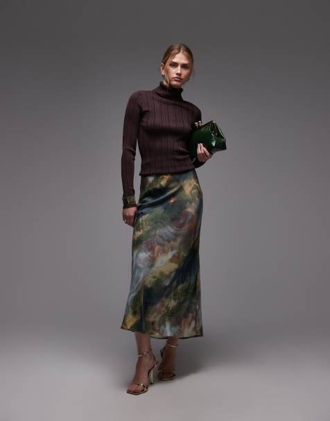 & Other Stories satin midi skirt in multi neutral blurred print - view 1