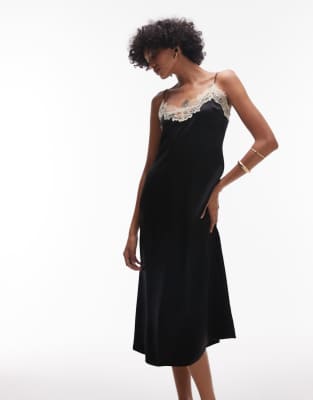 & Other Stories satin midi slip dress in black with white contrast lace trim