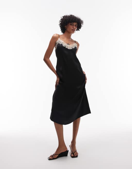 & Other Stories satin midi slip dress in black with white contrast lace  trim | ASOS