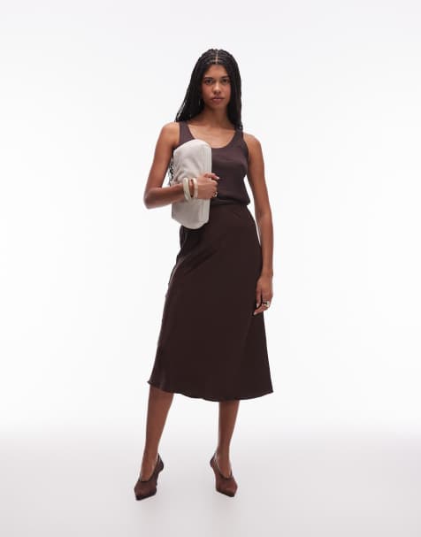 & Other Stories satin slip midi skirt in dark brown