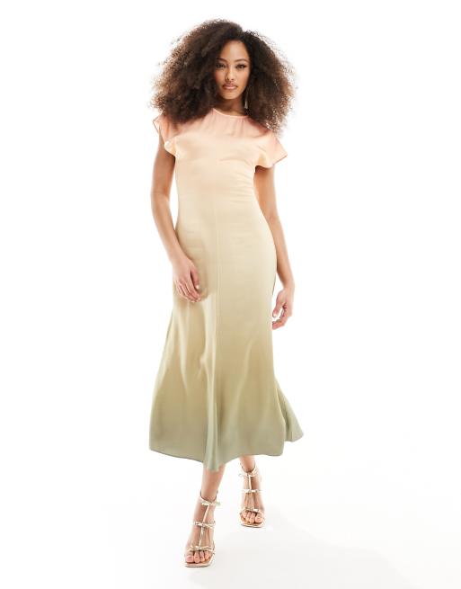 & Other Stories – Satin-Midikleid in Grün mit Farbverlauf, Bias-Cut und verlängerter Schulterpartie