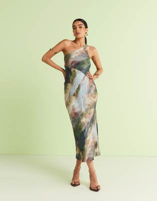 & Other Stories – Satin-Midikleid mit verdrehtem One-Shoulder-Träger und Wasserfarben-Print - view 1